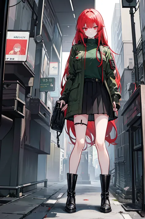 create an anime-style female character with long, light red hair, wavy. she has long, side-swept bangs that hide her eyes., givi...