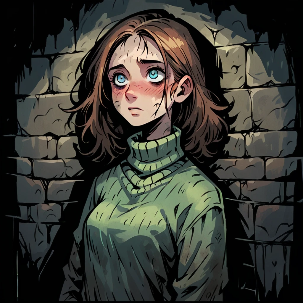 Featuring a medium close-up of a pale, slender girl with long, straight brown hair and bright blue eyes. Her face is slightly blushed, and she has finely detailed facial features. She wears a green woolen sweater, and her chest is small. In the background, the word 'САРA' is written on a weathered, dusty wall, creating a moody, atmospheric scene. The overall visual style is dark, gritty, and detailed, inspired by Chris Bourassa, known for his dramatic lighting and expressive, somber character designs
