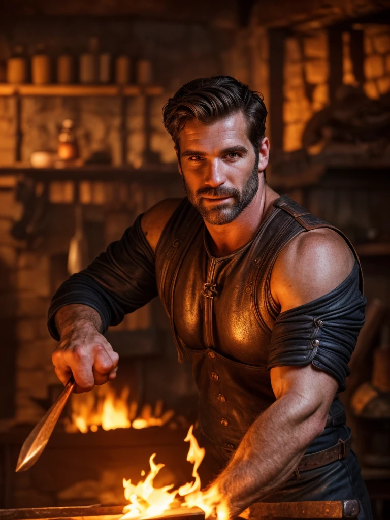 hair, portrait of a ruggedly handsome blacksmith, muscular, half body, masculine, mature, Retrato de un joven, Muscular very handsome and attractive magician men, A 40 years old male, Retrato de un joven, real, ( Man in the real ), beautiful detailed eyes, extremely detailed eyes and face, black outfit, blacksmith gear, blacksmith pose, blacksmith action, fire atmosphere, dramatic lighting, cinematic, fantasy, highly detailed, intricate, digital art, concept art, hyper realistic, 8k, ultra-detailed, masterpiece, photorealistic, professional, dramatic colors, chiaroscuro lighting