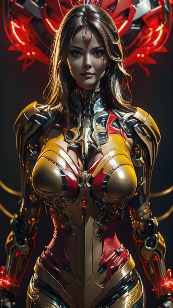 8K uhd, materpiece, the beautiful sexy alluring Latina Adult Film Actress Daisy Marie,  34dd titts, cleavage, detaild eye, good face, detaild eyebrow, cyberpunk outfit,RED outfit, cyberpunk, Cyberspace, cyberpunk shining background, neon effect, Spreading lighting, red lighting, whole body capture,full body,big tits ,big ,robotic clotges,ALL RED,robotic