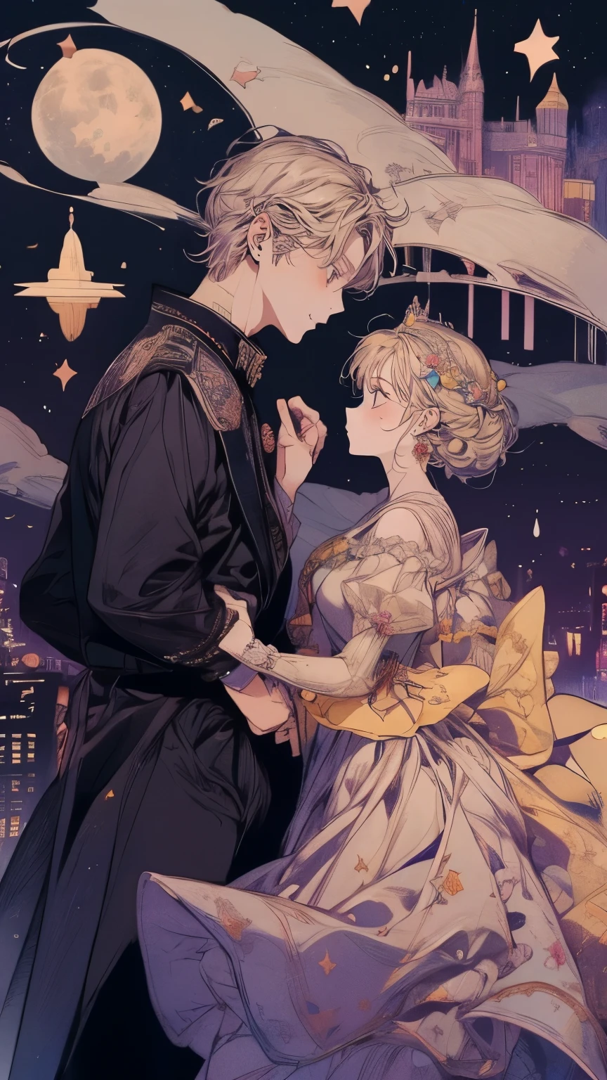 (Princess、Prince:1.5)、Yellow long dress、dance、city、firework、流れstar、Night Sky、star、moon、(smile)