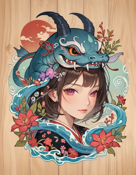 japanese yokai, draw a beautiful monster portrait, beautiful art, colorful, sea yokai