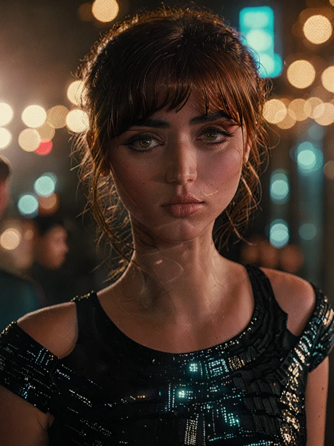 j0i woman,hair bangs ,dramatic lighting,volumetric lighting,film grain,cinematic,looking at camera,depth of field,bokeh,wearing black elegant dress 8K best quality