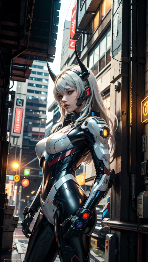 1girl, a beautiful girl cyborg cyberpunk with a cyberpunk city tall buildings, white hair, cybermask, white and orange and black...