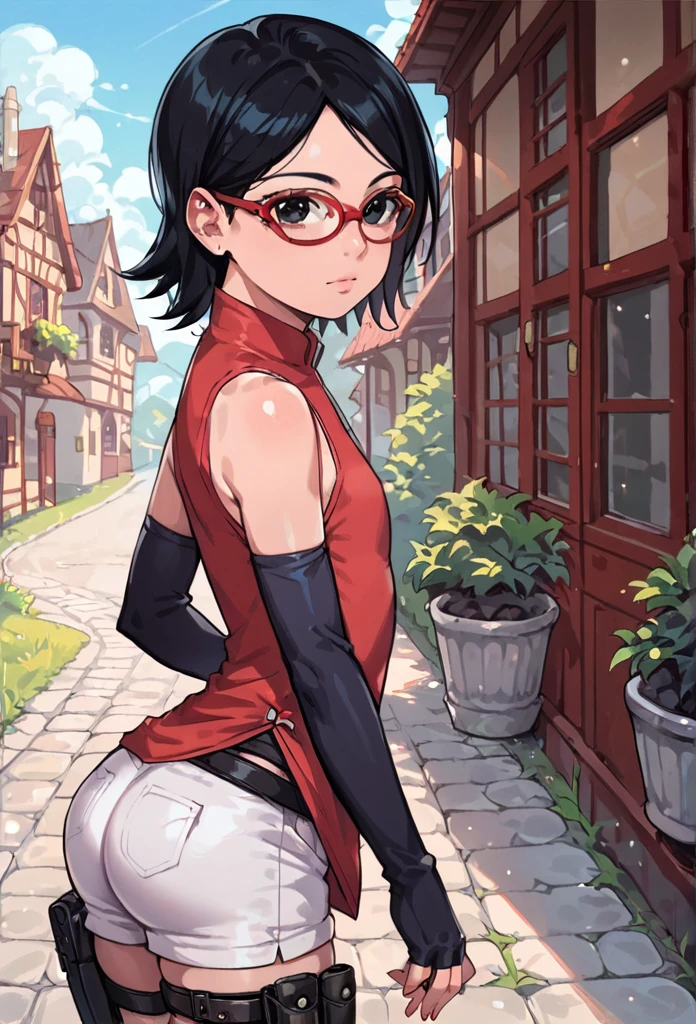 score_9_up, score_8_up, score_7_up, score_6_up, score_5_up, score_4_up, ,zPDXL2, solo, rating_questioablr, perfect face, perfect eyes, BBC_Chan Style, Sarada Uchiha, solo, 1girl, black hair, short hair, red-framed eyewear, glasses, black eyes,red dress, sleeveless, elbow gloves, black gloves, fingerless gloves, white shorts, black thighhighs, thigh holster, side view, large round butt, bubble butt ,village pathway, flat chest,