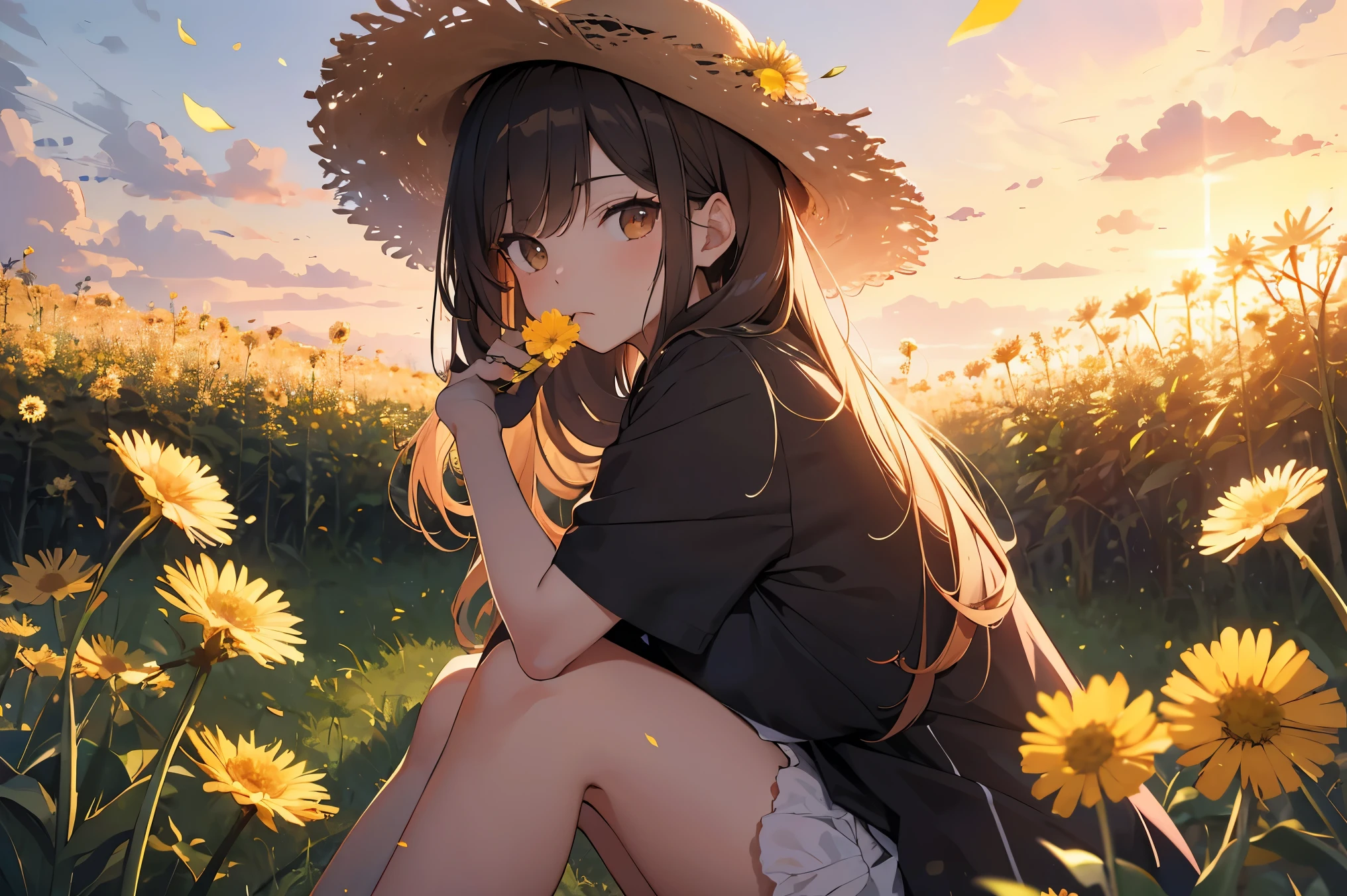 UHD, accurate, ((masterpiece)), ((high details)), high quality, textured skin, high detailed face, A woman wearing a straw hat is sitting on the ground, leaning against a wooden farm fence. She has her legs stretched out in front of her and holds a dandelion in her right hand, blowing on it gently to release the seeds into the air. It’s a serene spring evening, with the soft, warm light of the setting sun in the background, casting an orange-pink glow across the sky and fields. The atmosphere is peaceful, with gentle breezes and blooming flowers, emphasizing the tranquility of the scene, Dandelion, (dandelion fluff), Blow on the dandelion fluff to send the seeds flying:1.2, Illustration based on L. Andersen Ring's "June, Girl Blowing Dandelion Seeds"