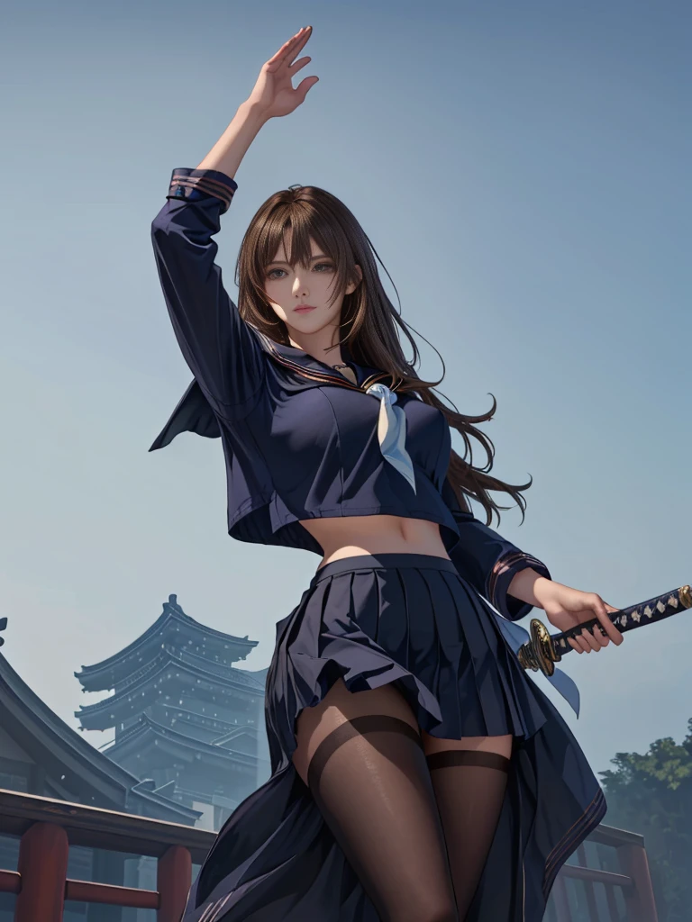 Extremely Detailed CG-Unity 8K Wallpapers, top-quality, ultra-detailliert, masterpiece, immature woman, (half body shot), ultra-high resolution, ((light brown hair)), straight hair, beautiful shining hair, white and shining skin, ((Ultra realistic details)), octane rendering, highly detailed face, holding a Japanese sword, long straight hair, ((black sailor uniform, black sailor long tail skirt)), black pantyhose, standing pose, Equipped with a sheath on the waist, looking into the distance, smooth skin, outdoor setting, urban environment, bright natural lighting, light from the left, slight shadows, focused and intense atmosphere, deep depth of field, well-balanced exposure, sharp focus on the subject, castle town