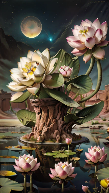  ( Surrealism ) a Surreal scene involving (A desert，Capture stunning details with a macro lens，The Lotus Flower is the in the pond:1.5), The moon in the desert. There is a clock high up in the night sky. This is visually synonymous with outer space，lotus petals，​​Surrounded by a starry night sky， non euclidean lotus flowers geometry, an abstract scene, Gives a feeling of aw, The ground is covered in sand. This image was created using a digital simulation of a soft brush，Completed in unison in a fascinating and mysterious sci-fi setting，A perfect blend of natural beauty and surreal aspectsns, 