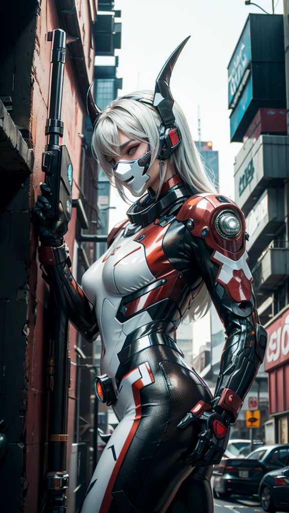 1girl, a beautiful girl cyborg cyberpunk with a cyberpunk city tall buildings, white hair, cybermask, white and orange and black machine suit color combination, the body full of machine, realistic futuristic hologram, asian skin tone, beautiful eye, beautiful asian face, cyber ear machine, suits is solid mecha, realistic machine, sci fi scape, manipulation is a masterpiece, long hair, masterpiece, suit of cyberpunk, realistic sci fi building texture mecha aestethic, digital cyberpunk, looming over a city, cyber technology, realistic hair, lots of hair, white of hair, realistic metal solid texture of building, realistic neon glow, realistic neon sign, wonderful side lighting, realistic futuristic cyberpunk building, realistic girl robot cyberpunk, fog, foogy, masterpiece of detail, RAW IMAGE, depth of field, point of interes, depth of field is masterpiece, best photography composition masterpiece, natural realistic hair, rule of third masterpiece photography, natural lighting, photography masterpiece natural lighting from side, realistic skin texture, strong reflection, ( pose pinterest) masterpiece beautiful, Devil Horns, smooth pixel, ray of light, soft light, small breasts, mastepiece of cyber mask, masterpiece fantasy gun, carry a fantasy weapon, weapon fantasy (artstation)