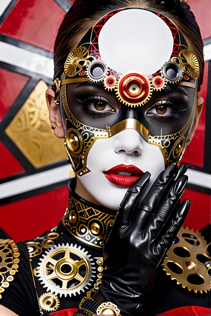 close-up portrait of a person's face and upper body. The person is wearing a red and black outfit with intricate designs and patterns on their face. The face is covered in black and white patterns, including gears, cogs, and other mechanical elements. The eyes are yellow and the nose is black. The mouth is also covered in white and black patterns, and the person's lips are painted black.

On the right side of the image, there is a pair of black gloves with gold accents. The gloves appear to be made of metal and have a futuristic design on them. On the left side, there are two hands holding a gun. The background is black with red and white geometric patterns. The overall effect is a striking and edgy look.
