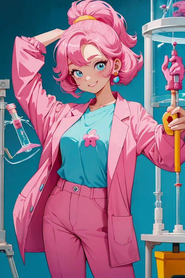 "Cartoonish Disney-style female brain character, shaped like a pink brain, wearing a colorful lab coat, holding a test tube, standing in a bright and cheerful classroom, slightly smug expression, big expressive eyes, surrounded by fun science equipment, playful and educational mood"