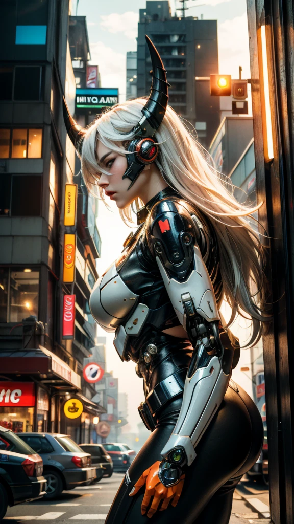 1girl, a beautiful girl cyborg cyberpunk with a cyberpunk city tall buildings, white hair, cybermask, white and orange and black machine suit color combination, the body full of machine, realistic futuristic hologram, asian skin tone, beautiful eye, beautiful asian face, cyber ear machine, suits is solid mecha, realistic machine, sci fi scape, manipulation is a masterpiece, long hair, masterpiece, suit of cyberpunk, realistic sci fi building texture mecha aestethic, digital cyberpunk, looming over a city, cyber technology, realistic hair, lots of hair, white of hair, realistic metal solid texture of building, realistic neon glow, realistic neon sign, wonderful side lighting, realistic futuristic cyberpunk building, realistic girl robot cyberpunk, fog, foogy, masterpiece of detail, RAW IMAGE, depth of field, point of interes, depth of field is masterpiece, best photography composition masterpiece, natural realistic hair, rule of third masterpiece photography, natural lighting, photography masterpiece natural lighting from side, realistic skin texture, strong reflection, ( pose pinterest) masterpiece beautiful, Devil Horns, smooth pixel, ray of light, soft light, small breasts, mastepiece of cyber mask, masterpiece fantasy gun, carry a fantasy weapon, weapon fantasy (artstation)