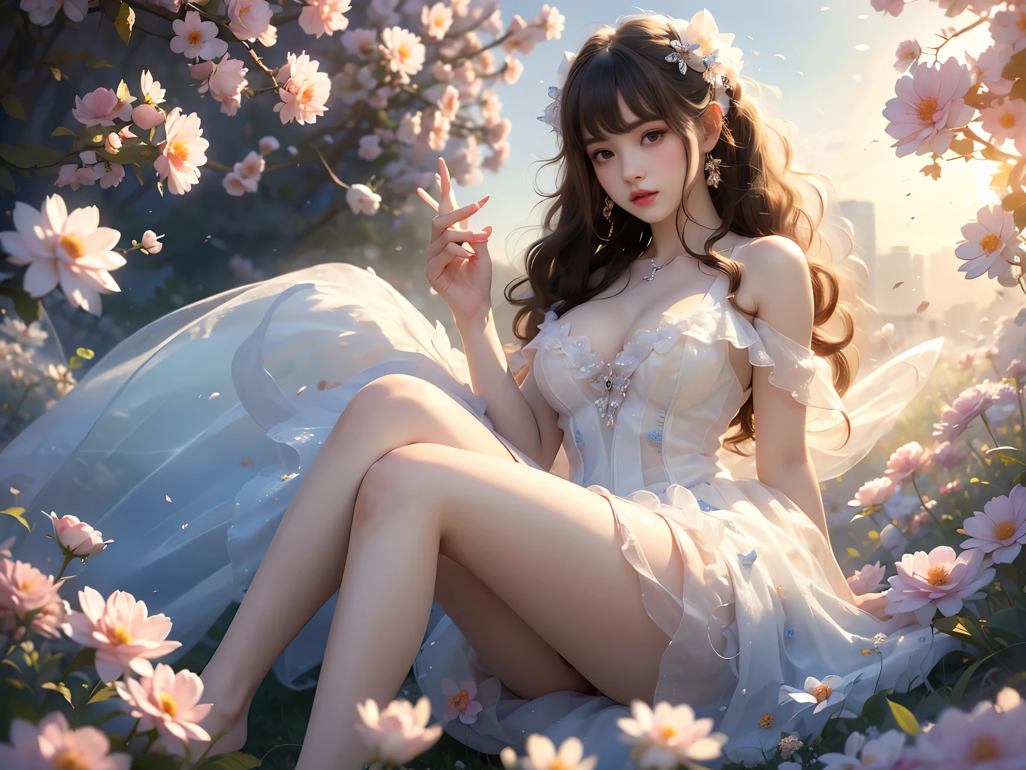 1girl,brown hair,twintails,holding straight staff, ((Large Breasts)),Bare shoulders, Short skirt, One-handed hem adjustment, 8K Ultra HD, masterpiece, A girl, Exquisite makeup, Blush, Shy expression, Delicate eyes, Delicate lips, Flower fairy girl, ((Natural reclining posture，Anatomically correct，Delicate facial features，Soft lighting，high resolution，8k，Sharp focus，Professional photography))), (True and accurate leg shape)，Smooth Skin Random Scenes, Random shooting angle, Elegant posture