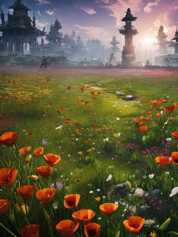 In a poignant and serene scene, the remnants of a once-brutal battlefield are now eerily silent, bathed in the soft glow of the rising sun. Broken weapons, scattered armor, and the skeletal remains of fallen soldiers lay strewn across the land, but amidst the ruin, a transformation is unfolding. From the blood-soaked earth, countless flowers begin to bloom, their delicate petals pushing through the dirt, reclaiming the ground once tainted by violence.

The flowers are of every kind—vivid red poppies, pure white lilies, and golden sunflowers—each one standing as a symbol of life emerging from the shadows of death. Their bright colors contrast sharply against the dark remnants of war, creating a breathtaking yet haunting image. The flowers sway gently in the breeze, as if paying tribute to the lives lost, while their roots seem to entwine with the forgotten swords and shields, slowly overtaking the battlefield.

As far as the eye can see, the land is being covered by this natural rebirth, a field of vibrant blossoms overtaking the scars of destruction. The scent of fresh flowers fills the air, and the once desolate scene becomes a garden of life, reminding all who see it that even in the aftermath of devastation, nature persists, and hope can flourish once more.