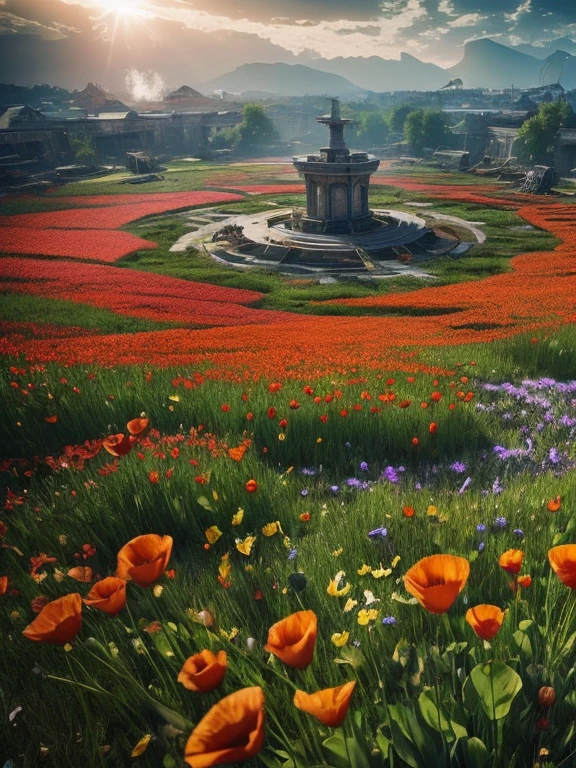 In a poignant and serene scene, the remnants of a once-brutal battlefield are now eerily silent, bathed in the soft glow of the rising sun. Broken weapons, scattered armor, and the skeletal remains of fallen soldiers lay strewn across the land, but amidst the ruin, a transformation is unfolding. From the blood-soaked earth, countless flowers begin to bloom, their delicate petals pushing through the dirt, reclaiming the ground once tainted by violence.

The flowers are of every kind—vivid red poppies, pure white lilies, and golden sunflowers—each one standing as a symbol of life emerging from the shadows of death. Their bright colors contrast sharply against the dark remnants of war, creating a breathtaking yet haunting image. The flowers sway gently in the breeze, as if paying tribute to the lives lost, while their roots seem to entwine with the forgotten swords and shields, slowly overtaking the battlefield.

As far as the eye can see, the land is being covered by this natural rebirth, a field of vibrant blossoms overtaking the scars of destruction. The scent of fresh flowers fills the air, and the once desolate scene becomes a garden of life, reminding all who see it that even in the aftermath of devastation, nature persists, and hope can flourish once more.