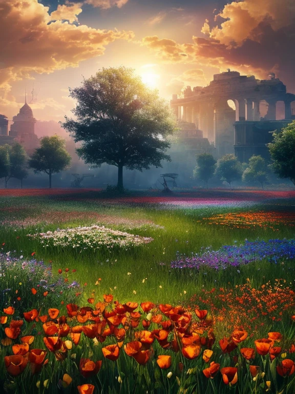 In a poignant and serene scene, the remnants of a once-brutal battlefield are now eerily silent, bathed in the soft glow of the rising sun. Broken weapons, scattered armor, and the skeletal remains of fallen soldiers lay strewn across the land, but amidst the ruin, a transformation is unfolding. From the blood-soaked earth, countless flowers begin to bloom, their delicate petals pushing through the dirt, reclaiming the ground once tainted by violence.

The flowers are of every kind—vivid red poppies, pure white lilies, and golden sunflowers—each one standing as a symbol of life emerging from the shadows of death. Their bright colors contrast sharply against the dark remnants of war, creating a breathtaking yet haunting image. The flowers sway gently in the breeze, as if paying tribute to the lives lost, while their roots seem to entwine with the forgotten swords and shields, slowly overtaking the battlefield.

As far as the eye can see, the land is being covered by this natural rebirth, a field of vibrant blossoms overtaking the scars of destruction. The scent of fresh flowers fills the air, and the once desolate scene becomes a garden of life, reminding all who see it that even in the aftermath of devastation, nature persists, and hope can flourish once more.