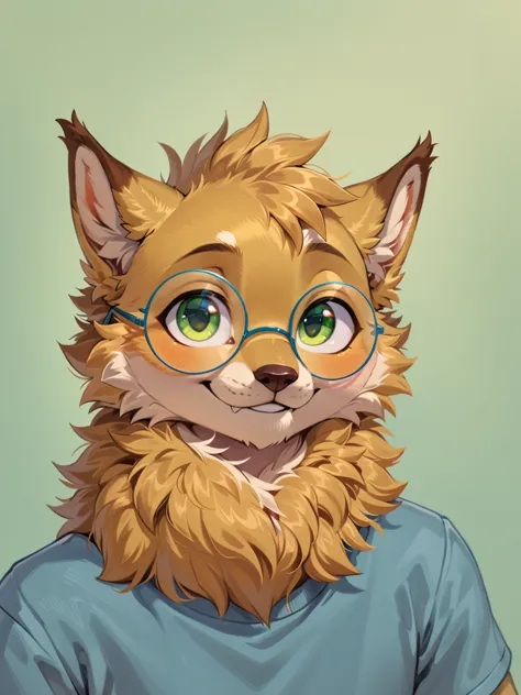 sfw, high quality, cartoon, animal focus, 1 boy, furry anthro animal, male, solo, golden yellow fur, two eyes, green eyes, round...