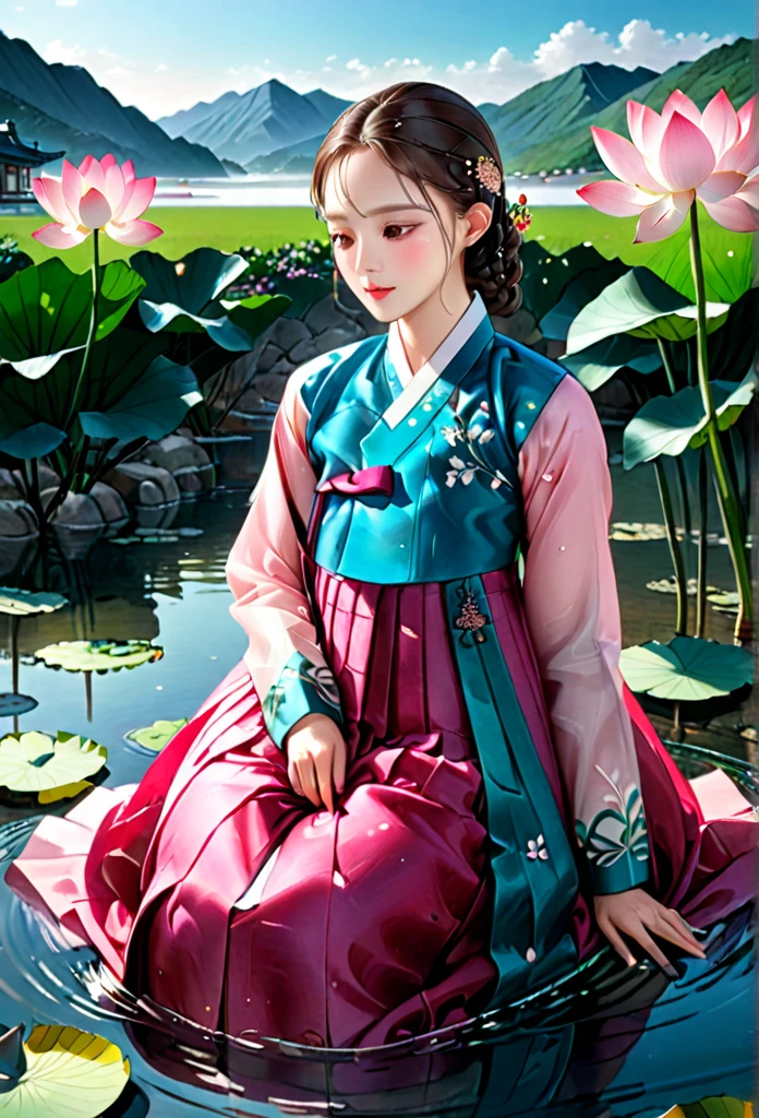 (Pastel pink korean traditional costume_Hanbok Jeogori, Hanbok skirt: 1.2, fine details), (Full of lotus flowers, Detail of a girl sitting in water), Simple line drawing, masterpiece, intricate details, very detailed, realistic, (beautiful and delicate eyes: 1.2), (Lips with beautiful details: 1.2), very detailed face and eyes, long eyelashes, (realistic: 1.37), (best quality, 4K, 8k, high resolution, masterpiece: 1.2), very detailed, (vivid colors: 1.2), dramatic lighting