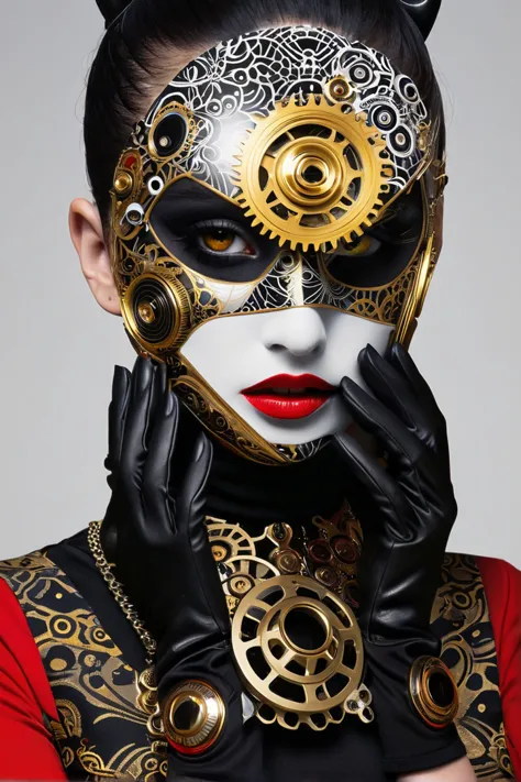 close-up portrait of a person's face and upper body. the person is wearing a red and black outfit with intricate designs and pat...