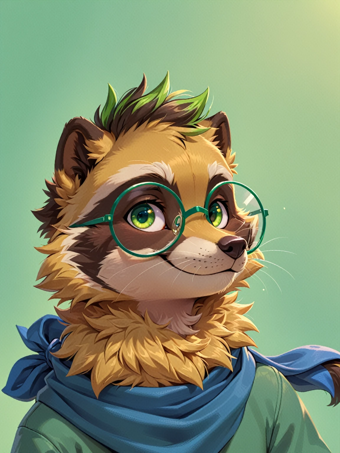 sfw, high quality, cartoon, animal focus, 1 boy, furry anthro raccoon, male, solo, golden yellow fur with green highlights, two eyes, emerald green eyes, round glasses with blue frame, blue bandanna scarf, anthropomorphic, raccoon nose, whiskers, raccoon snout, raccoon face, raccoon ears, tufts, cheek tufts, cute, smile