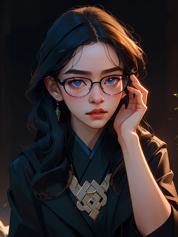 A young girl standing outside wearing glasses, in a black jacket, ((long hair)), inspired by Zou Zhe, tumblr, realism, Xintong Chen, around 1, Qichaowang, Huifenghuang, Zhe Long Xu, Xiao Fan Zhang, pengzhenzhang, zmonzheng, yihao ren, Zezhou Chen, (best quality,4k,8k,highres,masterpiece:1.2),ultra-detailed,(realistic,photorealistic,photo-realistic:1.37),extremely detailed eyes and face,beautiful detailed eyes,beautiful detailed lips,longeyelashes,natural lighting,warm colors,intricate details,highly detailed,digital painting,cinematic lighting,dramatic compositionAnatomicamente correto, Alta resolução, Obra-prima, Melhor qualidade, Preciso, Detalhes altos, Alta qualidade, 