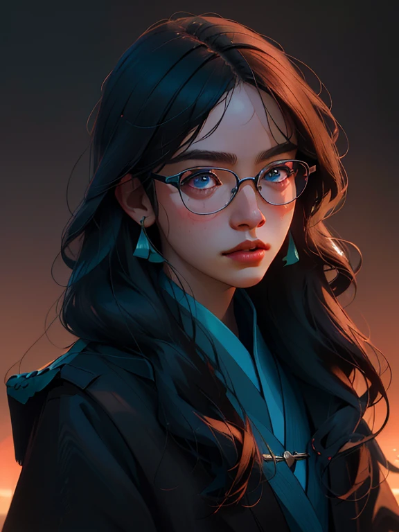 A young girl standing outside wearing glasses, in a black jacket, ((long hair)), inspired by Zou Zhe, tumblr, realism, Xintong Chen, around 1, Qichaowang, Huifenghuang, Zhe Long Xu, Xiao Fan Zhang, pengzhenzhang, zmonzheng, yihao ren, Zezhou Chen, (best quality,4k,8k,highres,masterpiece:1.2),ultra-detailed,(realistic,photorealistic,photo-realistic:1.37),extremely detailed eyes and face,beautiful detailed eyes,beautiful detailed lips,longeyelashes,natural lighting,warm colors,intricate details,highly detailed,digital painting,cinematic lighting,dramatic compositionAnatomicamente correto, Alta resolução, Obra-prima, Melhor qualidade, Preciso, Detalhes altos, Alta qualidade, 