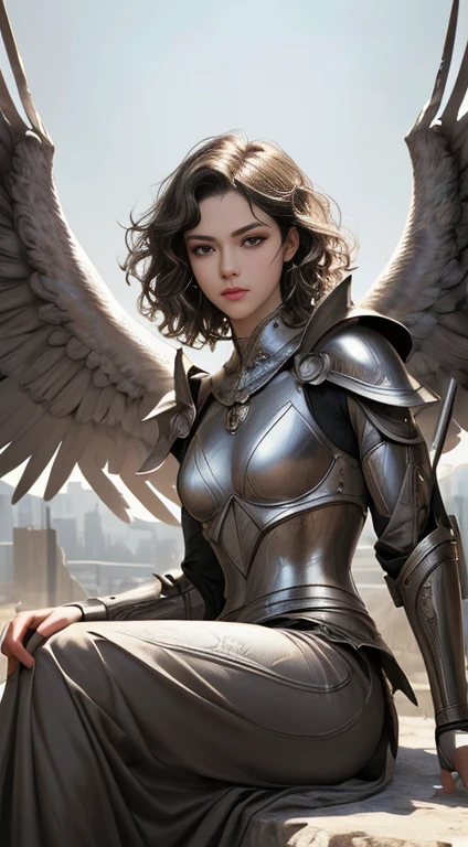 1 bird woman, short and curly gray hair, light brown eyes, thin lips, round face, small and flat covered breasts, thin waist, wearing silver armor drawn on the body, pair of large imposing eagle wings on the back, holding a spiked hatchet in the left hand, imposing, arrogant look, SFW, sitting on a crystal throne, (best quality,4k,8k,highres,masterpiece:1.2),ultra-detailed,(realistic,photorealistic,photo-realistic:1.37),fantasy,digital art,concept art,highly detailed facial features,dramatic lighting,warm color palette,cinematic composition