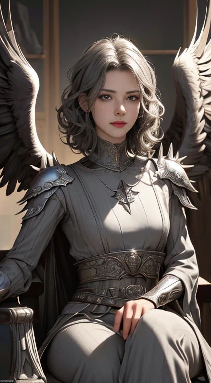 1 bird woman, short and curly gray hair, light brown eyes, thin lips, round face, small and flat covered breasts, thin waist, wearing silver armor drawn on the body, pair of large imposing eagle wings on the back, holding a spiked hatchet in the left hand, imposing, arrogant look, SFW, sitting on a crystal throne, (best quality,4k,8k,highres,masterpiece:1.2),ultra-detailed,(realistic,photorealistic,photo-realistic:1.37),fantasy,digital art,concept art,highly detailed facial features,dramatic lighting,warm color palette,cinematic composition