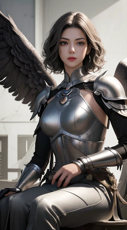 1 bird woman, short and curly gray hair, light brown eyes, thin lips, round face, small and flat covered breasts, thin waist, wearing silver armor drawn on the body, pair of large imposing eagle wings on the back, holding a spiked hatchet in the left hand, imposing, arrogant look, sitting on a crystal throne, (best quality,4k,8k,highres,masterpiece:1.2),ultra-detailed,(realistic,photorealistic,photo-realistic:1.37),fantasy,digital art,concept art,highly detailed facial features,dramatic lighting,warm color palette,cinematic compositionAnatomicamente correto, Alta resolução, Obra-prima, Preciso, Melhor qualidade, Detalhes altos, 