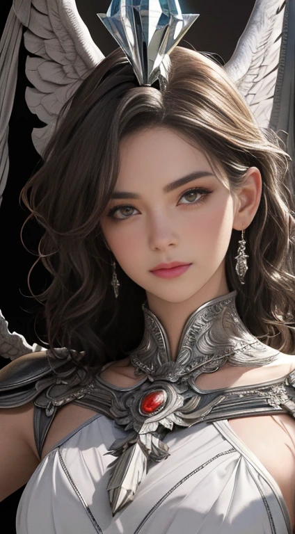 1 bird woman, short and curly gray hair, light brown eyes, thin lips, round face, small and flat covered breasts, thin waist, wearing silver armor drawn on the body, pair of large imposing eagle wings on the back, holding a spiked hatchet in the left hand, imposing, arrogant look, sitting on a crystal throne, (best quality,4k,8k,highres,masterpiece:1.2),ultra-detailed,(realistic,photorealistic,photo-realistic:1.37),fantasy,digital art,concept art,highly detailed facial features,dramatic lighting,warm color palette,cinematic compositionAnatomicamente correto, Alta resolução, Obra-prima, Preciso, Melhor qualidade, Detalhes altos, 