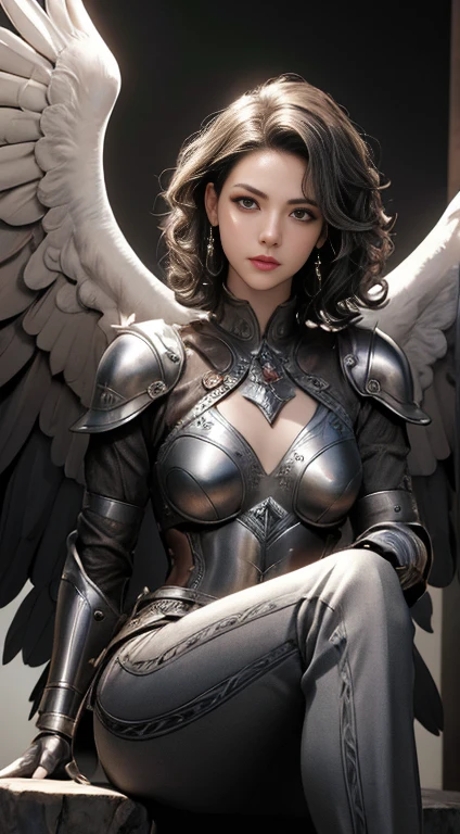 1 bird woman, short and curly gray hair, light brown eyes, thin lips, round face, small and flat covered breasts, thin waist, wearing silver armor drawn on the body, pair of large imposing eagle wings on the back, holding a spiked hatchet in the left hand, imposing, arrogant look, sitting on a crystal throne, (best quality,4k,8k,highres,masterpiece:1.2),ultra-detailed,(realistic,photorealistic,photo-realistic:1.37),fantasy,digital art,concept art,highly detailed facial features,dramatic lighting,warm color palette,cinematic compositionAnatomicamente correto, Alta resolução, Obra-prima, Preciso, Melhor qualidade, Detalhes altos, 