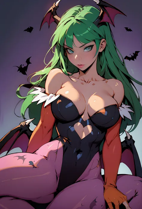 (masterpiece:1.2, best quality), (real picture, intricate details), madisonivyquiron woman,wearing morrigan_aensland_aiwaifu,gre...