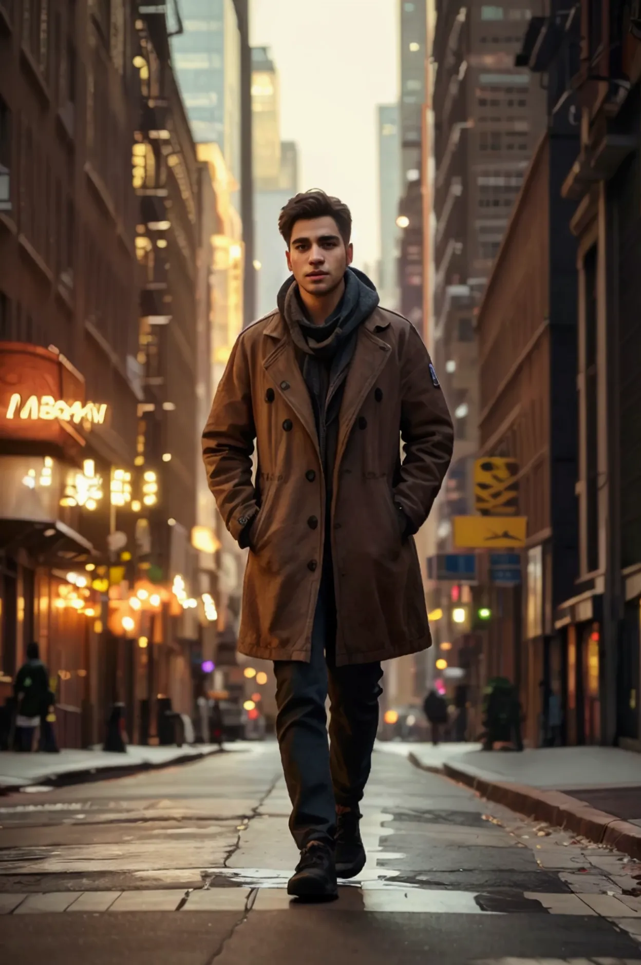 a man in his 20s walking down a street in new york city, looking at the camera, buildings, litter, mid-afternoon lighting, casua...