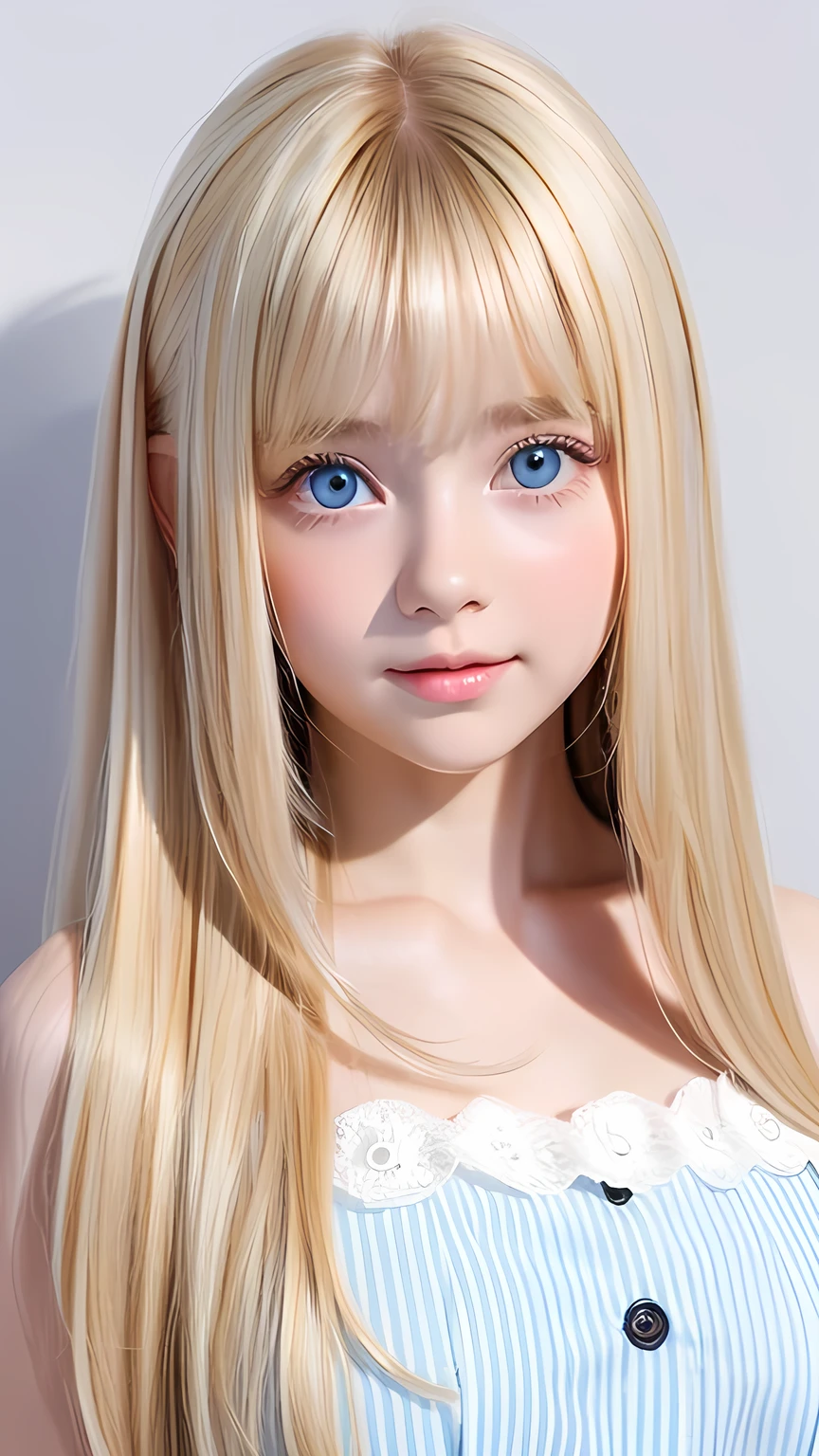 Beautiful babyface girl,Beautiful beautiful blonde hair,A very beautiful girl、、Super Long Straight Silky Blonde Hair、Half Body Shot,Beautiful Bangs,Beautiful cute bangs between the eyes,Striped Hair,Round face、Large, incredibly bright light blue eyes、Very big eyes、Very white skin、gloss of young cheeks、Pink dress、Small Face Girl