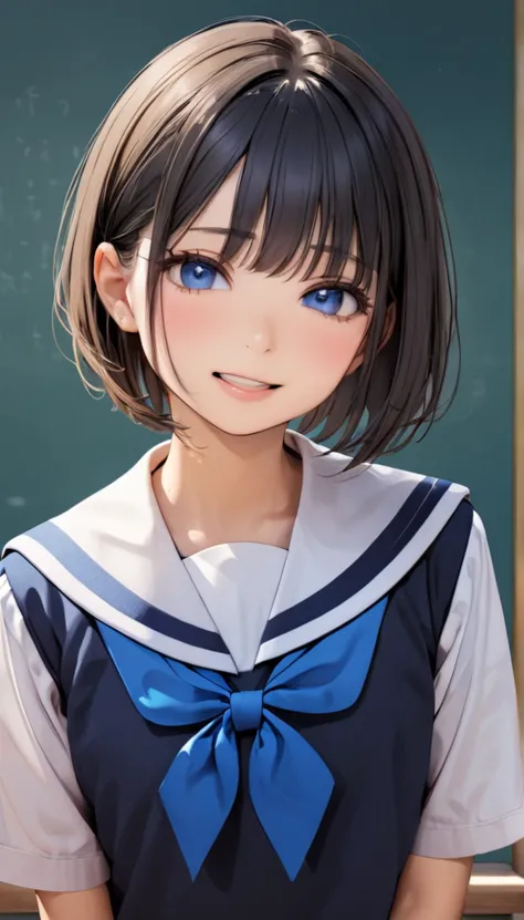 cowboy shot、 1 girl, a shy smile、blush、black hair, short bob cut, schoolの制服, sailor suit, (((school、 background:1.4))), blush:1....