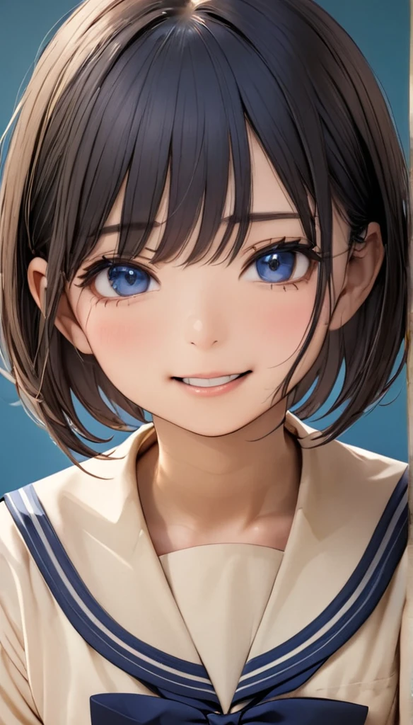 Cowboy Shot、 1 girl, A shy smile、blush、Black Hair, Short Bob Cut, Schoolの制服, Sailor suit, (((School、 background:1.4))), blush:1.2, Deep blue eyes、((Open your mouth)), Light and shadow with attention to detail, backgroundぼかし, (Highest quality:1.2,  Very detailed, Attention to detail, masterpiece:1.2, Best aesthetics),