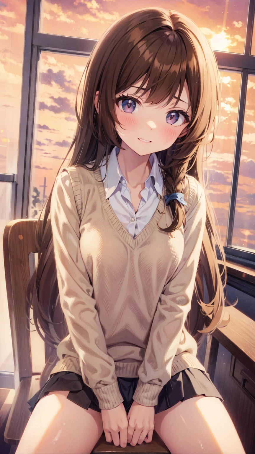 masterpiece,girl,high school girl,Brown Hair,Long Hair,Winding Wave,Small breasts,V-neck sweater vest,Long sleeve shirt,Pleated mini skirt,Lace panties,Ankle-length socks,classroom,Sit on a chair,Mischievous face,sunset,