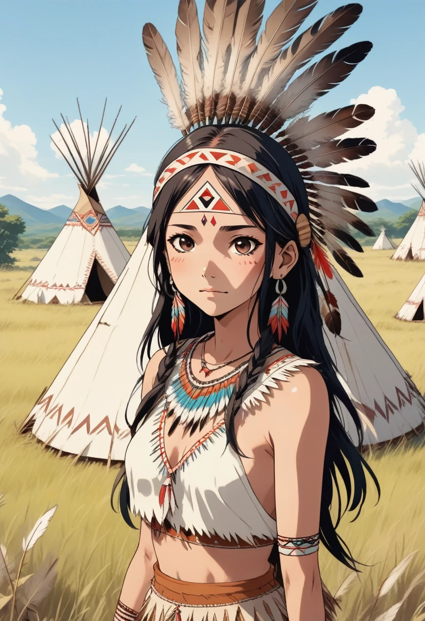 score_9, score_8_up, score_7_up, score_6_up, score_5_up, score_4_up, source_anime, old manga style, kawaii native american indian girl character, winking, indian costume, headband, bird feathers on her head, teepee, grassland