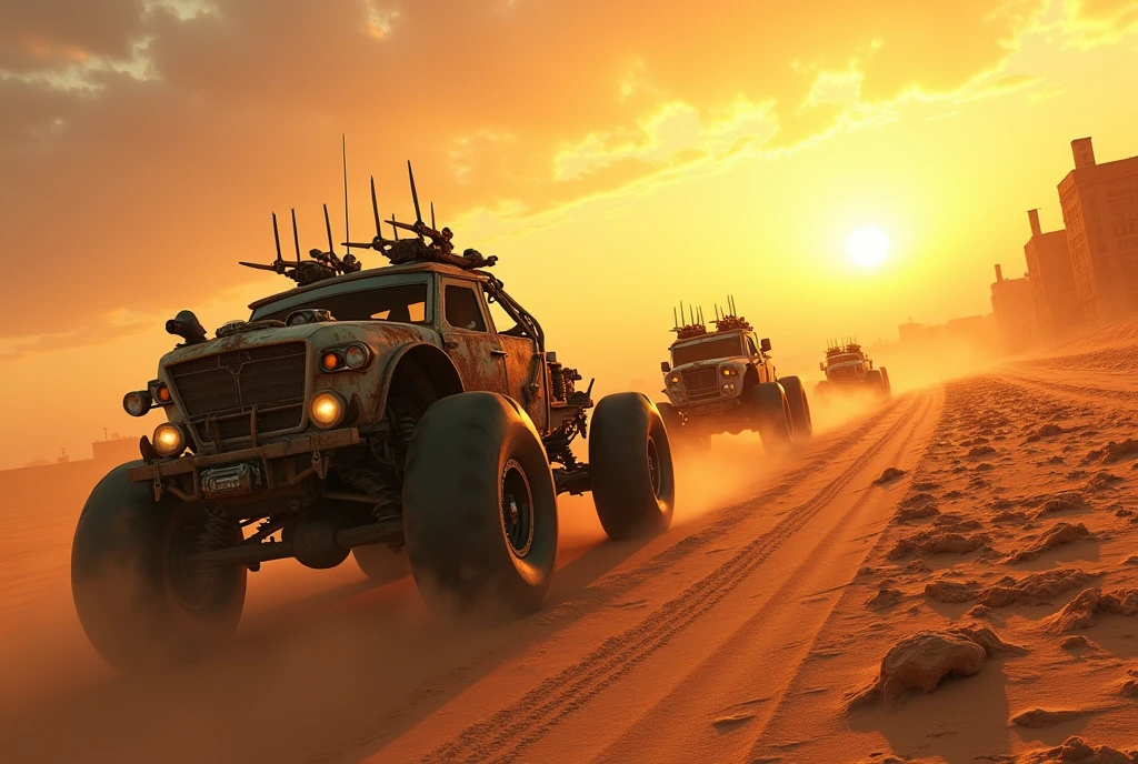  a bunch of Mad Max style cars are racing on a desert,  sunset,