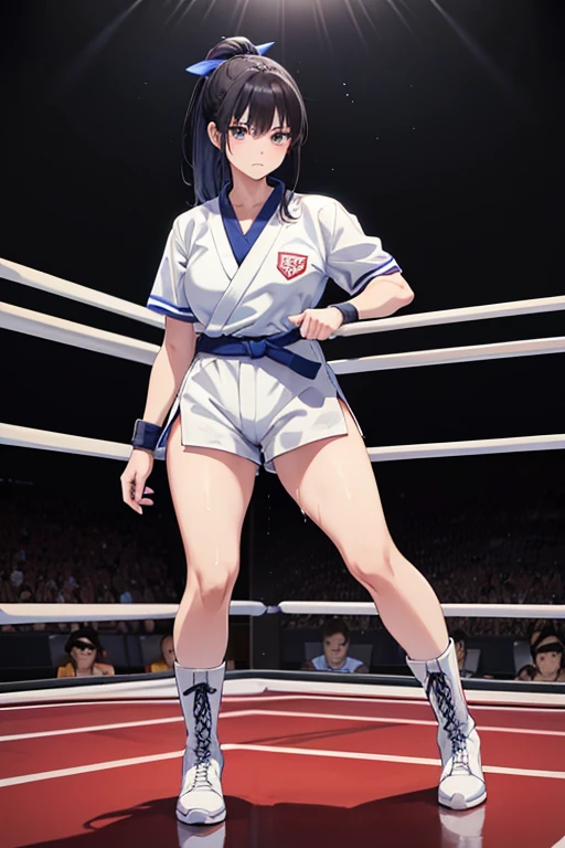 Anime Art、Full body portrait、Professional wrestling ring、A female martial artist, about 20 years old, standing upright, about 170 cm tall, wearing a white short-sleeved judo uniform and white shorts、Hairstyle: short ponytail、Black Hair、almondeyes、Dark Eyes、Angry、boots、My whole body is wet with sweat、Blue ribbon、Diagonally below