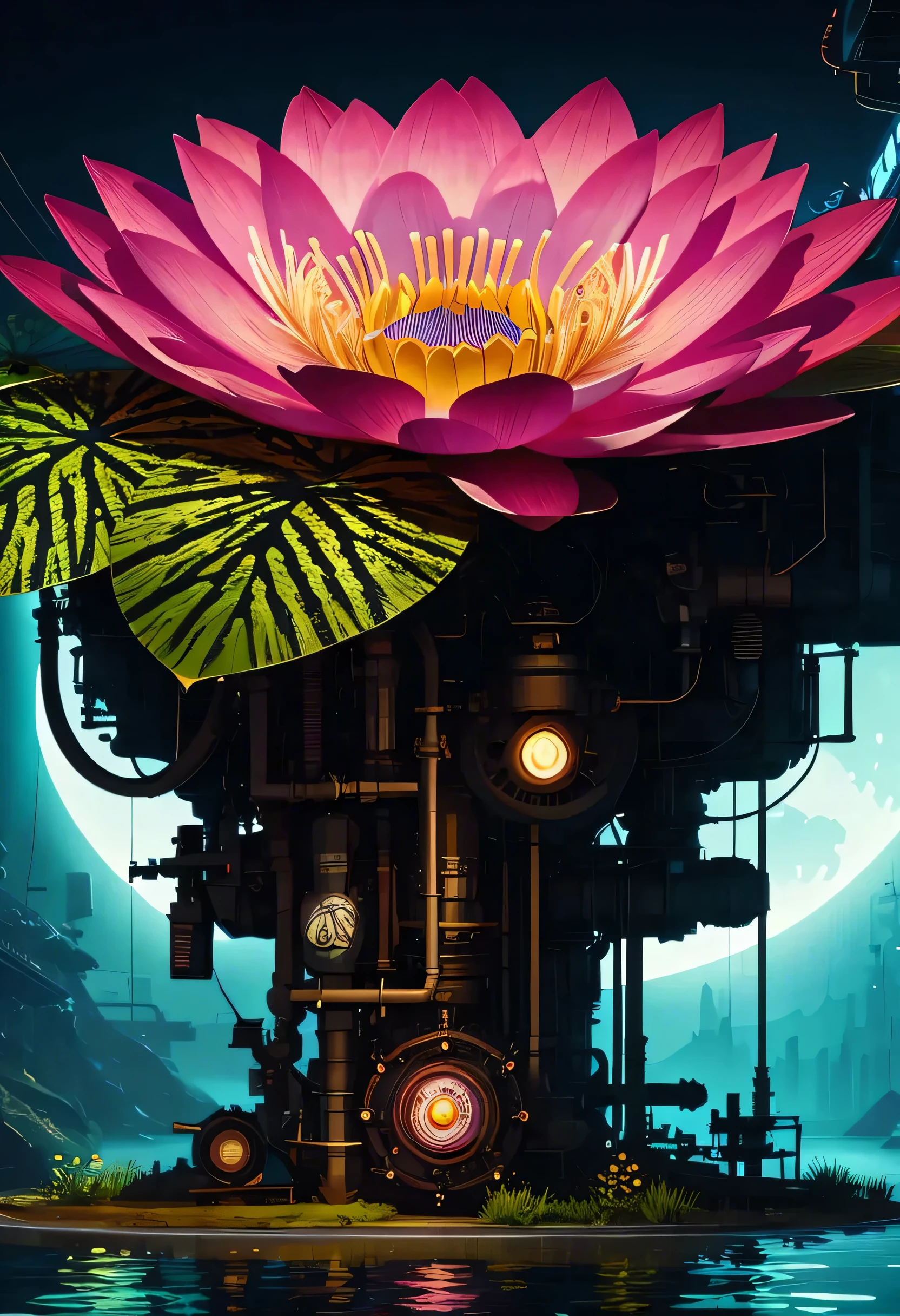 There is a big pink flower on top of the building.。, Beeple and Alphonse Mucha, 4K Solarpunk Wallpaper, Steampunk Digital Art, Highly detailed digital art in 4K, Digital Steampunk Art, Water Lily Mechanism Fair, 4K Detailed Digital Art, Paul Lahr and Beeple, Giant Mechanical Rose, colorful sci-fi steampunk