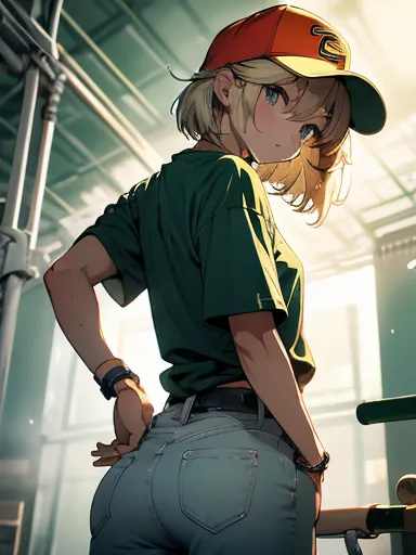 tezuka, artwork, better quality, 1 girl, watery eye, baseball cap, blonde, shut your mouth, toy, green background, he has, hoop ...