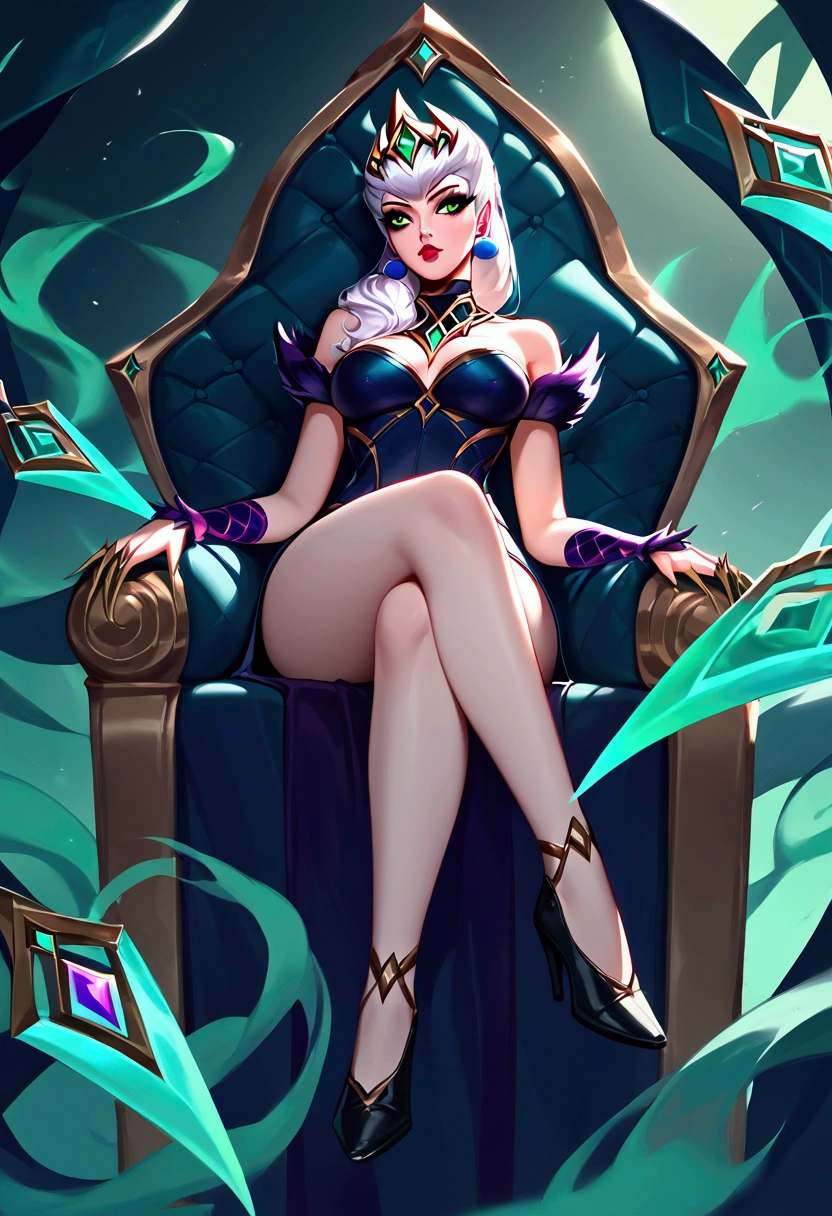 score_9, score_8_up, score_7_up, Evelynn (league of legends), 1 girl, white hair, bright green eyes, dressed as a ruined queen, tiara with emeralds, sexy, full body, earrings, long eyelashes, sexy, big bust, beautiful face, background with green smoke, sitting on a throne