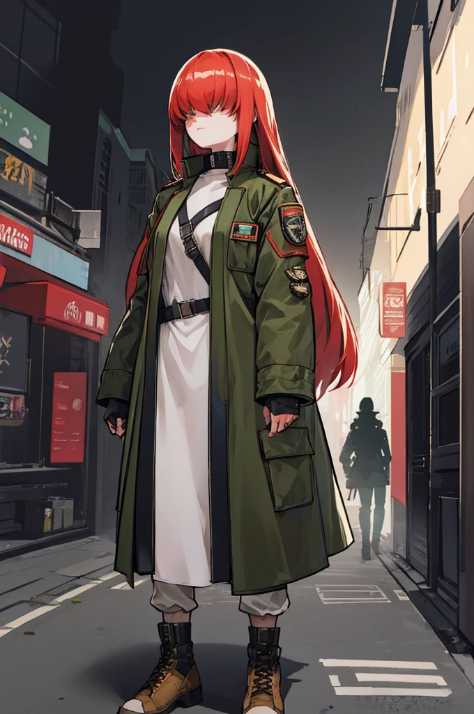  A tall and strong female character with long, light red wavy hair and freckles, wearing an olive green military-style jacket with utilitarian details like large pockets and identification emblems, similar to what soldiers or veterans would wear. The jacket has a slightly fitted cut yet maintains a robust appearance, enhancing her strong and prepared look. The jacket features a front zipper and rolled sleeves, revealing tattoos on her arms. She pairs it with a neutral shirt, fitted pants, and boots. The setting is a dark urban environment at night, with shadowy streets that emphasize her imposing presence.