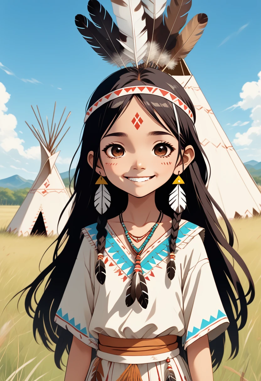 score_9, score_8_up, score_7_up, score_6_up, score_5_up, score_4_up, source_anime, old manga style, kawaii native american indian girl character, smiling, indian costume, headband, bird feathers on her head, teepee, grassland