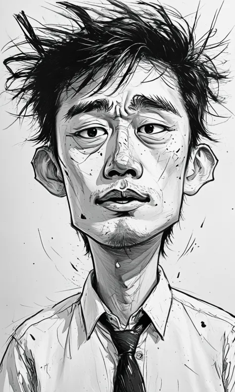 "black and white caricature image of a young adult salary man, asian, short messy hair, ((mouth closed)),white collared shirt