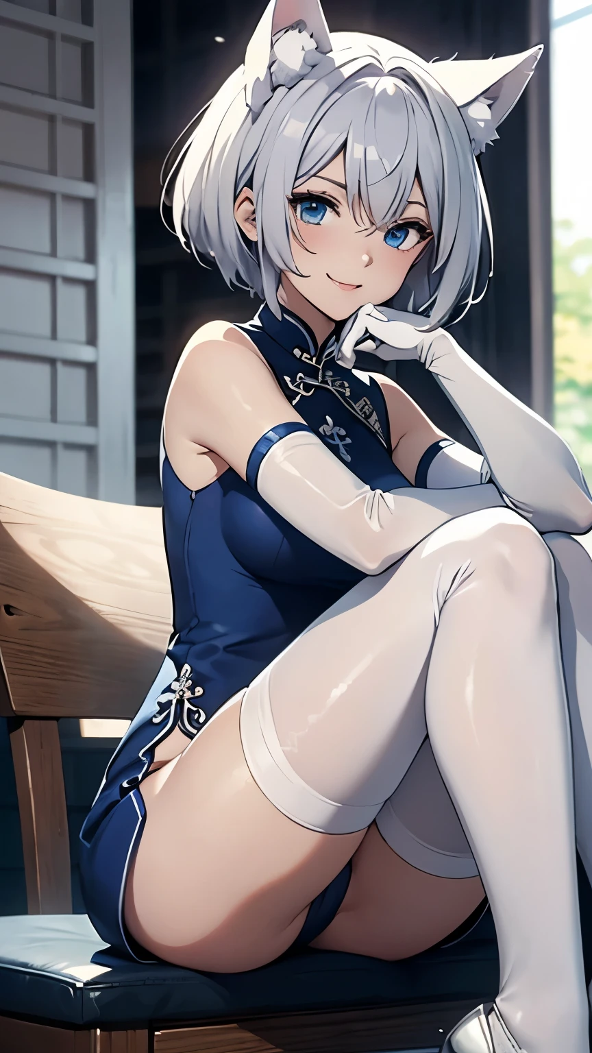 Tabletop　High resolution　Best image quality　8k　 Adult female　Anime Style　Pure white length gloves(Elbow Gloves)　Pure white cheongsam（slit）（length）　White Stockings　pumps　Stand with one leg raised　White wolf ears　short hair（（Shortcuts）（Gray Hair）（perm）（fluffy））　Blue eyes　smile（（Open your mouth）（Sweat on the face））　