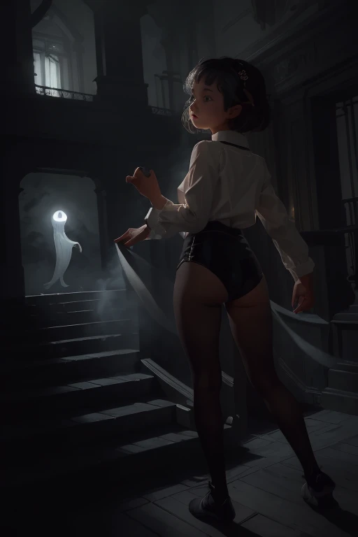 (masterpiece, highest quality),  (The ghost mansion at night), One Girl, young teen, Black gymnastics bloomers, High leg、white blouse, standing in the night ghost mansion, Looking up 、Anxious expression, Emotional, Wide-angle, dark, Best Shadow, watercolor,