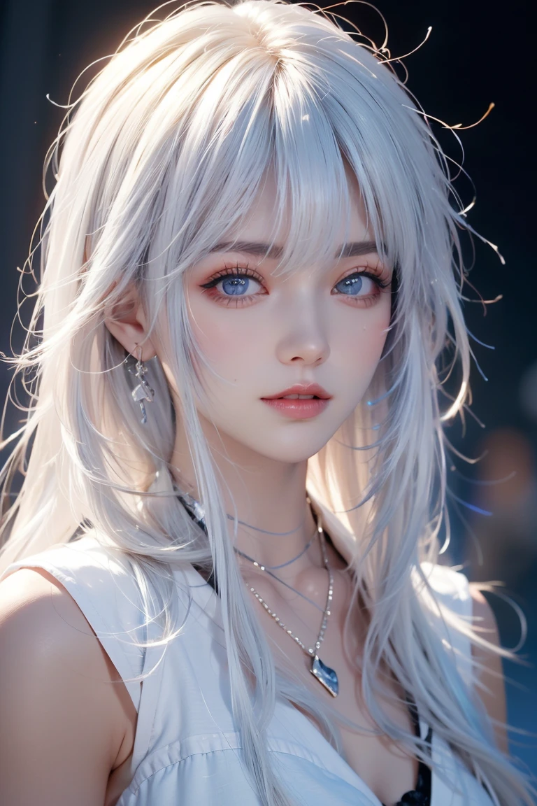 ((16 nights)), ((Projected)), role play, 20-year-old female, (((White hair)), ((#1: Medium Length Spiked Hair)), ((Blue maid outfit)), ((White shirt)), Mid-chest, (Light)))), (posture))), (Realistic photos: 1.3), rim Lighting, (High Detail Skin:1.2), 8K UHD, Digital SLR Camera, high quality, high resolution, 4K, 8K, Bokeh, absurd, Optimal ratio：Four fingers and one thumb, (real:1.3), The cutest girl, A lot of knives