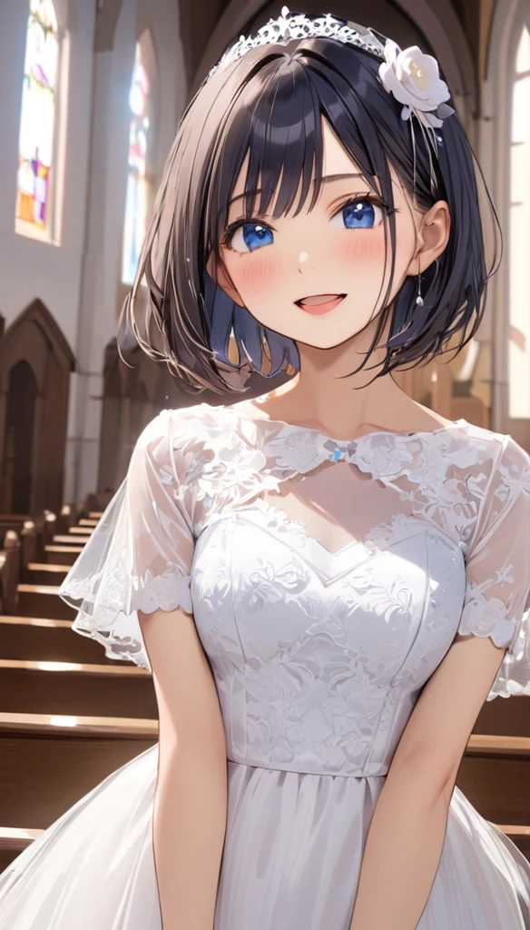 Cowboy Shot、 1 girl, A shy smile、blush、Black Hair, Short Bob Cut, short sleeve wedding dress、(((church、background:1.4))), blush:1.2, Deep blue eyes、((Open your mouth)), Light and shadow with attention to detail, backgroundぼかし, (Highest quality:1.2,  Very detailed, Attention to detail, masterpiece:1.2, Best aesthetics),